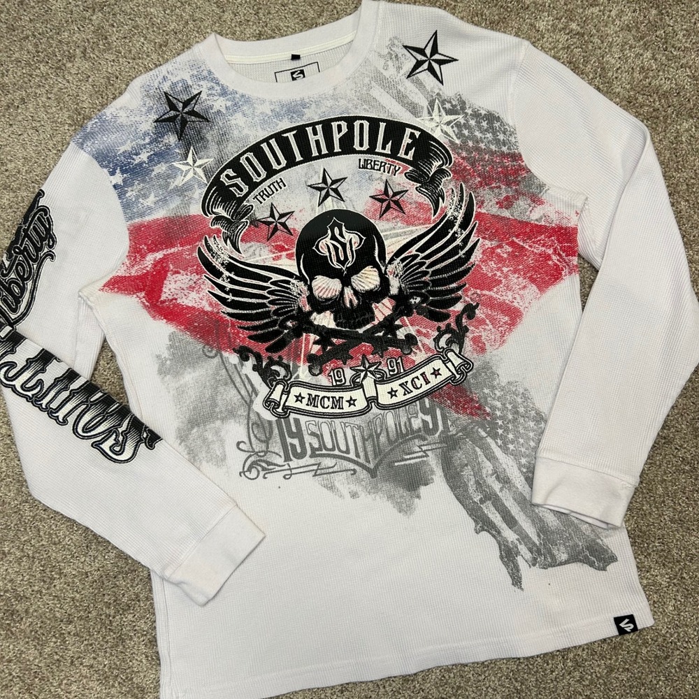 Southpole Thermal Long Sleeve Shirt Men Size XXL Skull Crossbones Grunge White